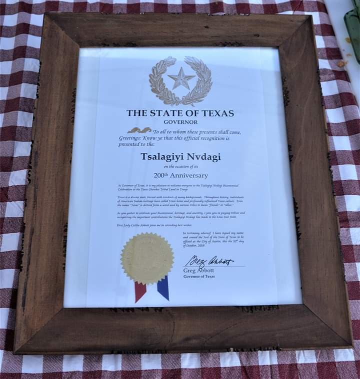 Tsalagiyi Nvdagi Tribe Official Texas State Recognition document