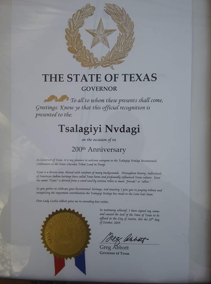 Tsalagiyi Nvdagi Tribe Official Texas State Recognition document