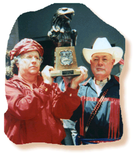 Chief D.L. Hicks (Tsalagiyi Nvdagi) and Chief Charles Rogers (Cherokee Nation of Mexico) holding the bronze Eagle bust given to us by Governor E. Martinez y Martinez on behalf of the State of Coahuila.
